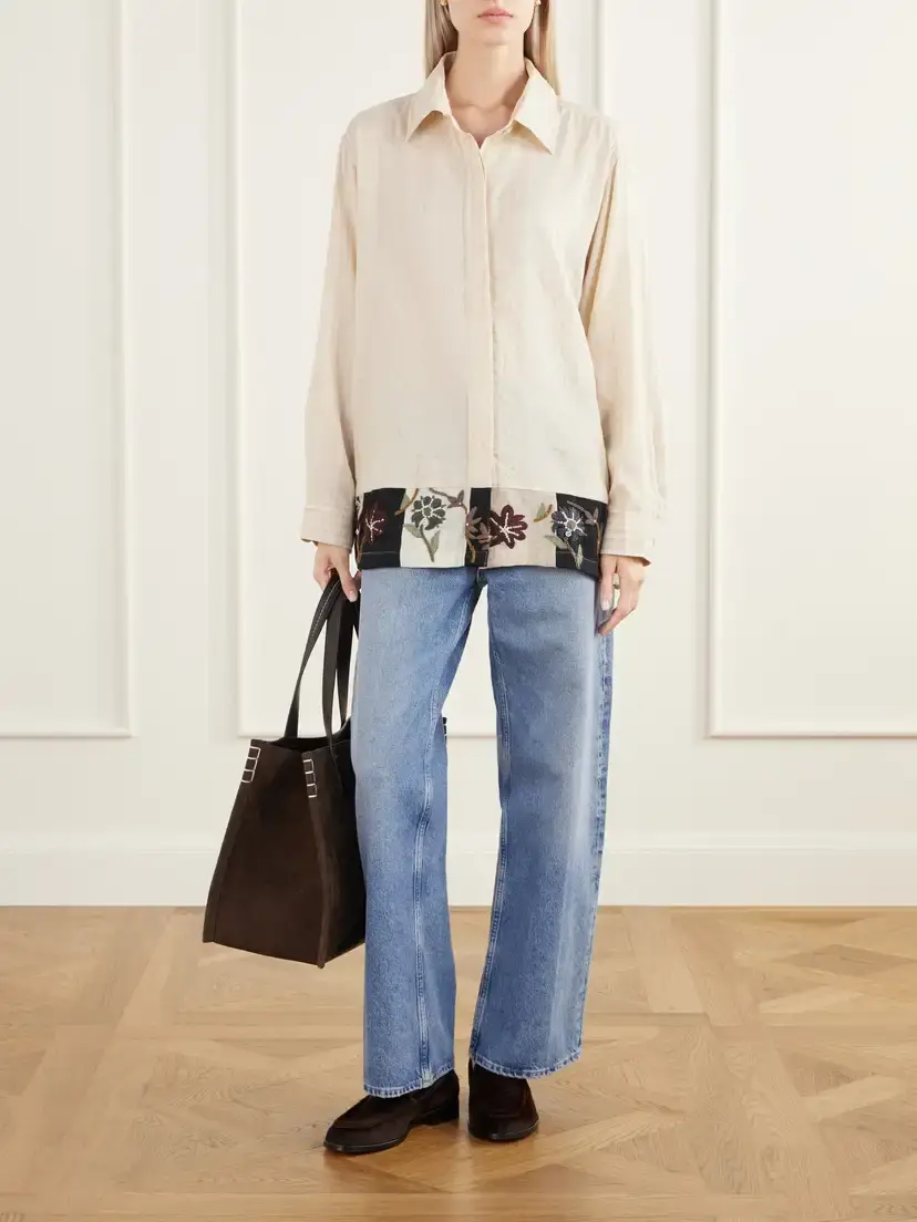 Kartik Research Chintz Bead-embellished Floral-embroidered Striped Handwoven Silk And Cotton-blend Shirt - Neutrals | Thumbnail 2 Kartik Research Chintz Bead-embellished Floral-embroidered Striped Handwoven Silk And Cotton-blend Shirt - Neutrals | Thumbnail 2