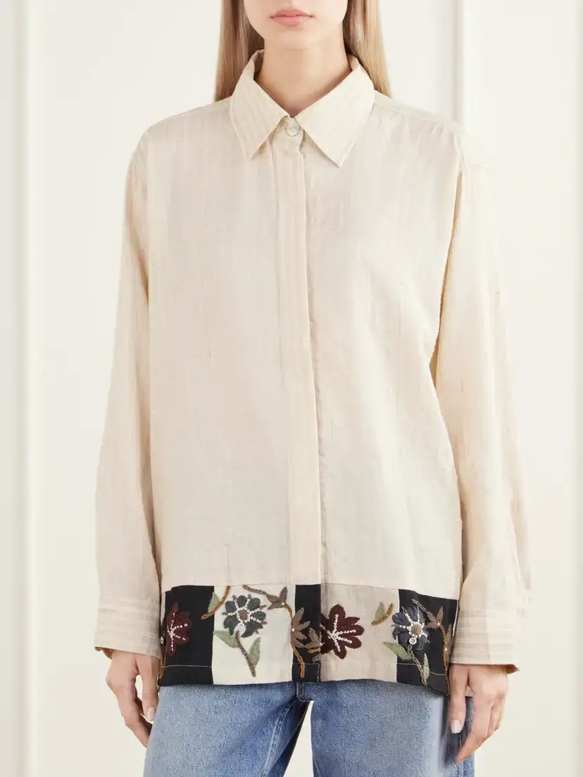 Kartik Research Chintz Bead-embellished Floral-embroidered Striped Handwoven Silk And Cotton-blend Shirt - Neutrals | Thumbnail 3 Kartik Research Chintz Bead-embellished Floral-embroidered Striped Handwoven Silk And Cotton-blend Shirt - Neutrals | Thumbnail 3