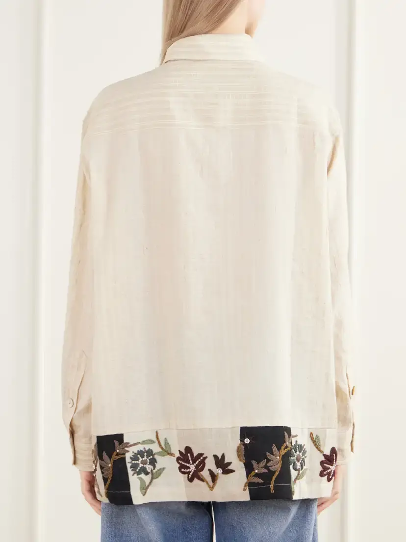 Kartik Research Chintz Bead-embellished Floral-embroidered Striped Handwoven Silk And Cotton-blend Shirt - Neutrals | Thumbnail 4 Kartik Research Chintz Bead-embellished Floral-embroidered Striped Handwoven Silk And Cotton-blend Shirt - Neutrals | Thumbnail 4