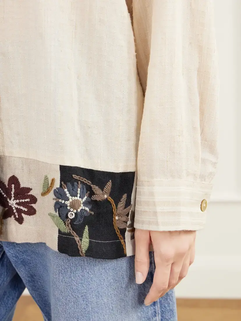 Kartik Research Chintz Bead-embellished Floral-embroidered Striped Handwoven Silk And Cotton-blend Shirt - Neutrals | Thumbnail 5 Kartik Research Chintz Bead-embellished Floral-embroidered Striped Handwoven Silk And Cotton-blend Shirt - Neutrals | Thumbnail 5
