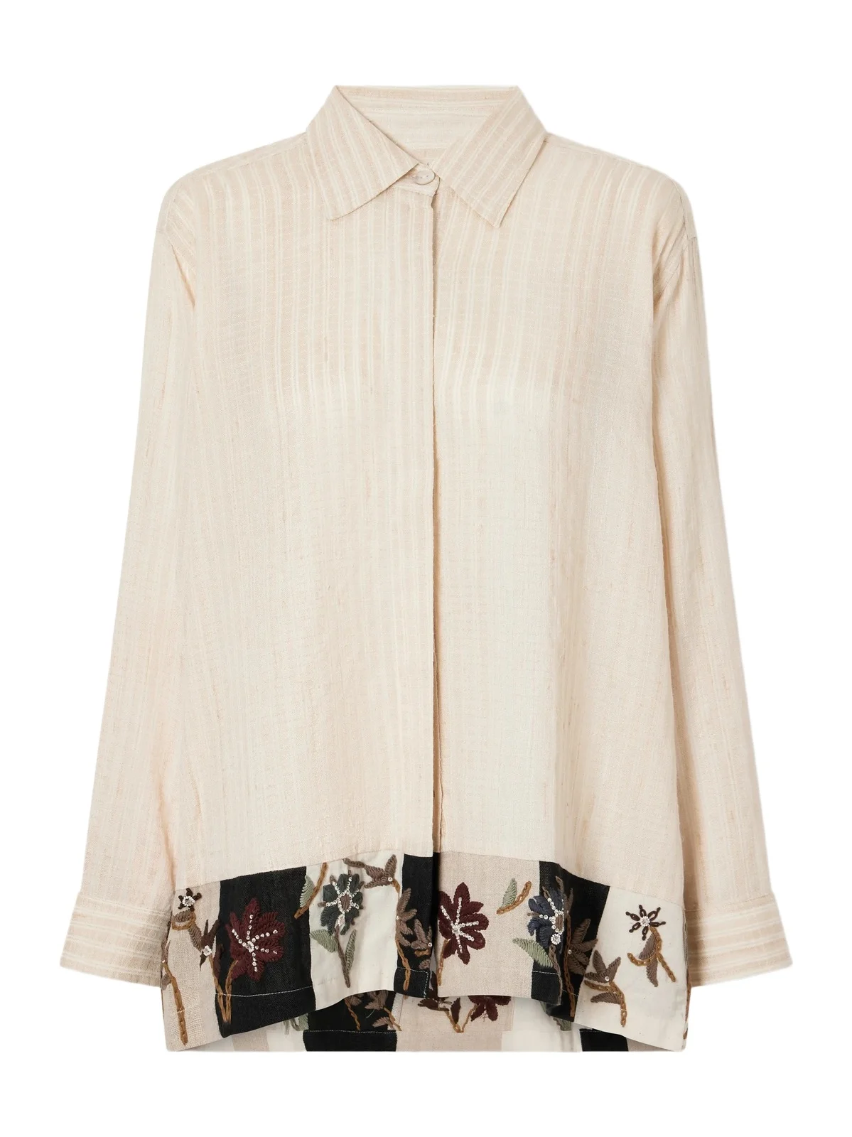 Chintz Bead-embellished Floral-embroidered Striped Handwoven Silk And Cotton-blend Shirt - Neutrals Chintz Bead-embellished Floral-embroidered Striped Handwoven Silk And Cotton-blend Shirt - Neutrals