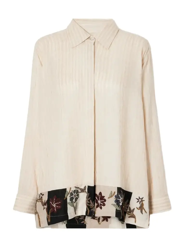 Kartik Research Chintz Bead-embellished Floral-embroidered Striped Handwoven Silk And Cotton-blend Shirt - Neutrals