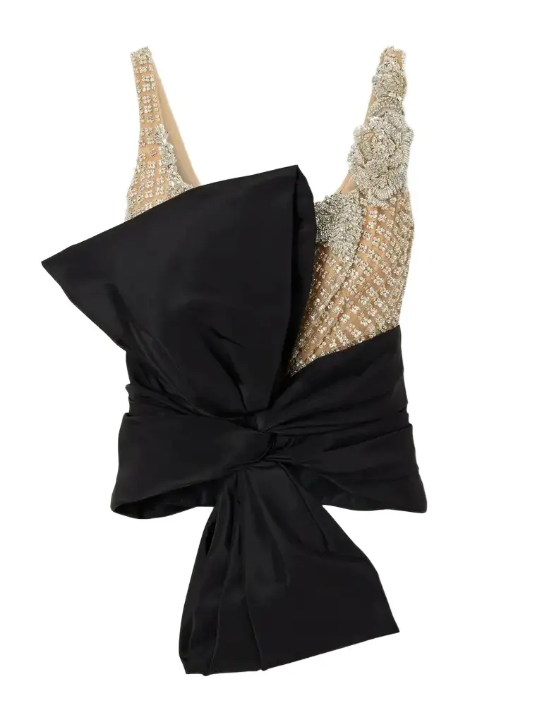 Oscar de la Renta Bow-detailed Crystal And Sequin-embellished Satin-trimmed Tulle Top