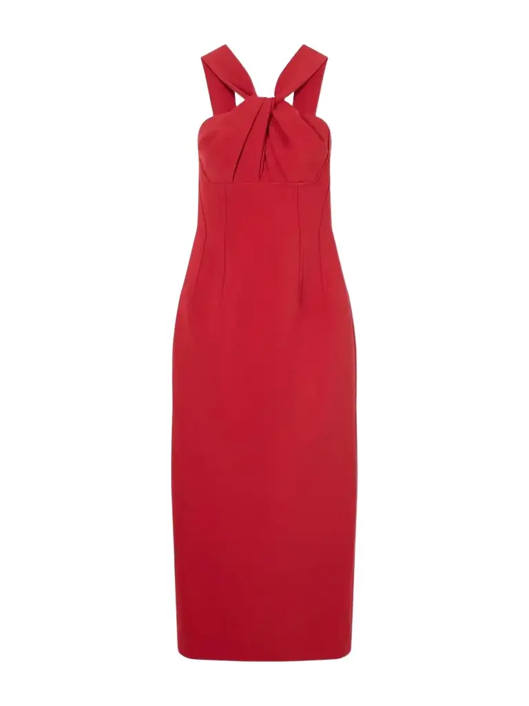 Lucciene Open-back Twisted Darted Birdseye Halterneck Midi Dress Lucciene Open-back Twisted Darted Birdseye Halterneck Midi Dress