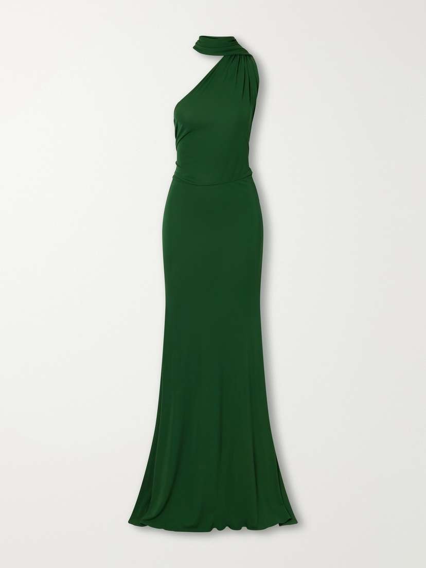 Scarf-detailed One-shoulder Ruched Jersey Gown