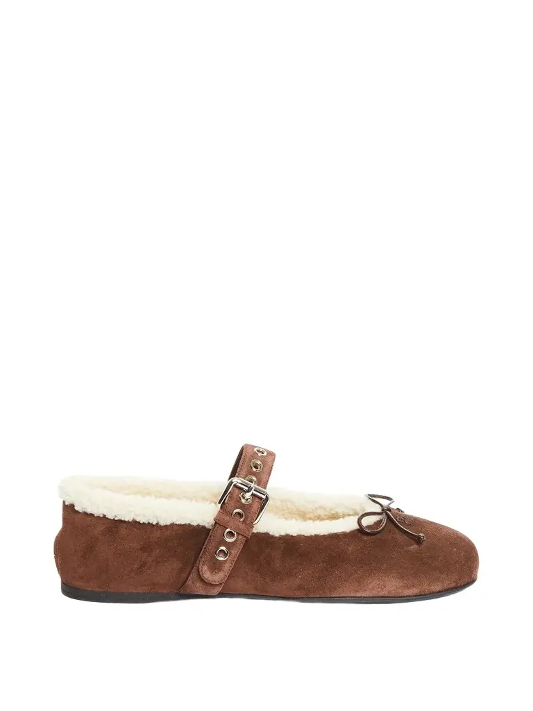 Shearling-Lined Suede Mary Jane Flats
