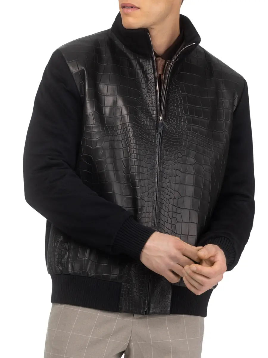 Gorski Men's Loro Piana Wool Jacket with Croco Embossed Nappa Leather Front | Thumbnail 2