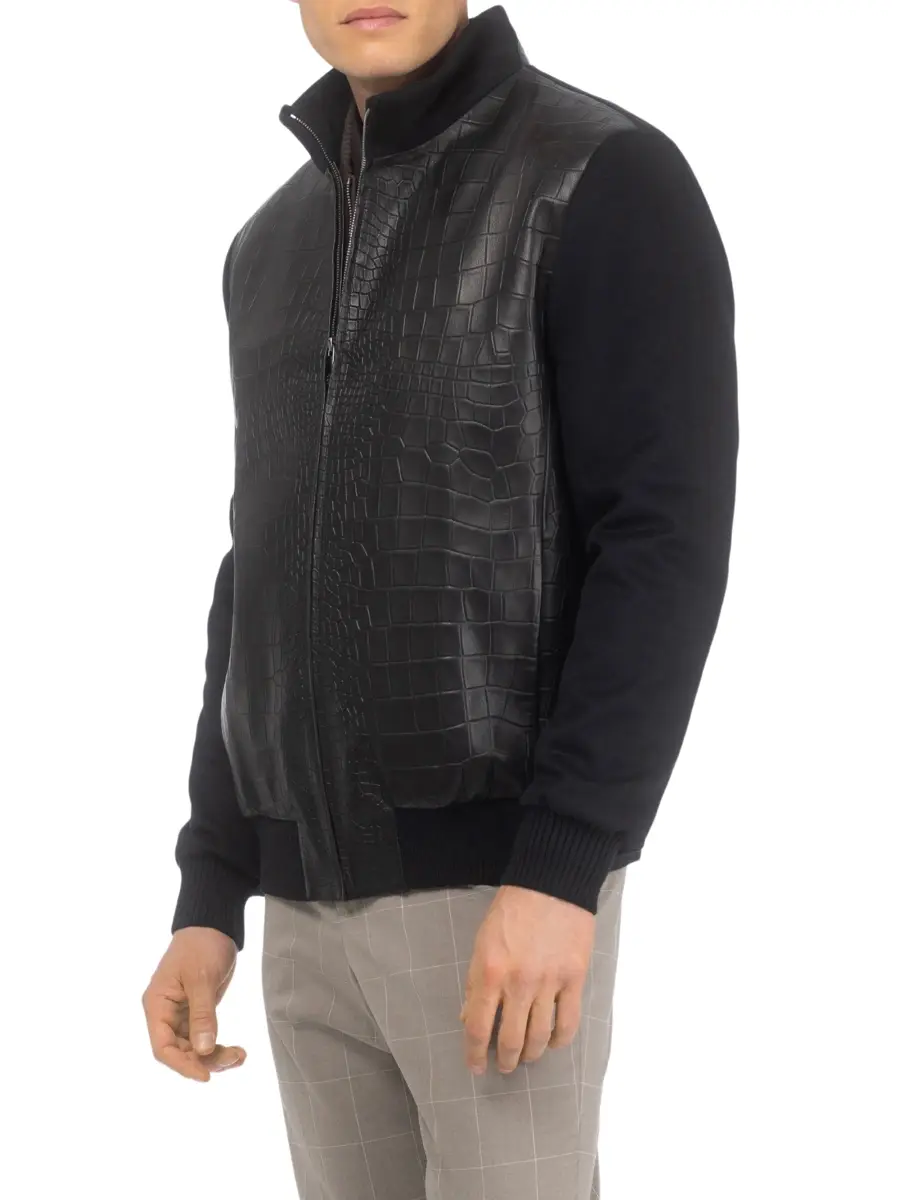 Gorski Men's Loro Piana Wool Jacket with Croco Embossed Nappa Leather Front | Thumbnail 3