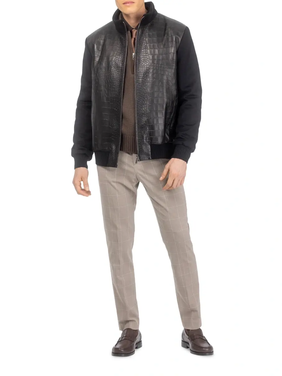 Gorski Men's Loro Piana Wool Jacket with Croco Embossed Nappa Leather Front | Thumbnail 5