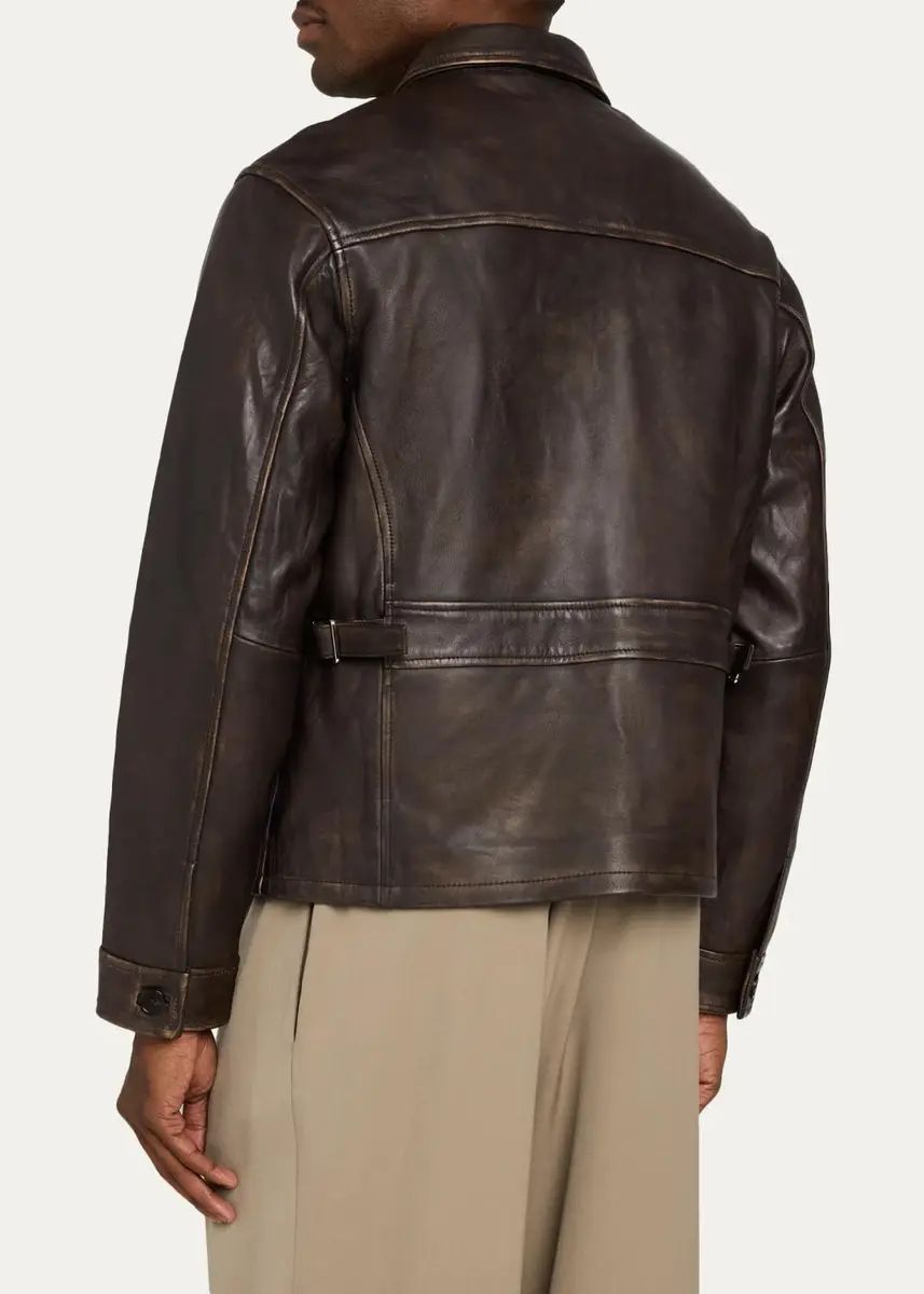 OFFICINE GÉNÉRALE Men's Vintage-Effect Leather Jacket | Thumbnail 3 OFFICINE GÉNÉRALE Men's Vintage-Effect Leather Jacket | Thumbnail 3