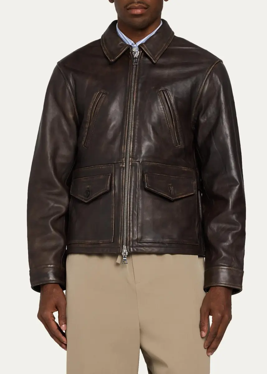 OFFICINE GÉNÉRALE Men's Vintage-Effect Leather Jacket | Thumbnail 4 OFFICINE GÉNÉRALE Men's Vintage-Effect Leather Jacket | Thumbnail 4