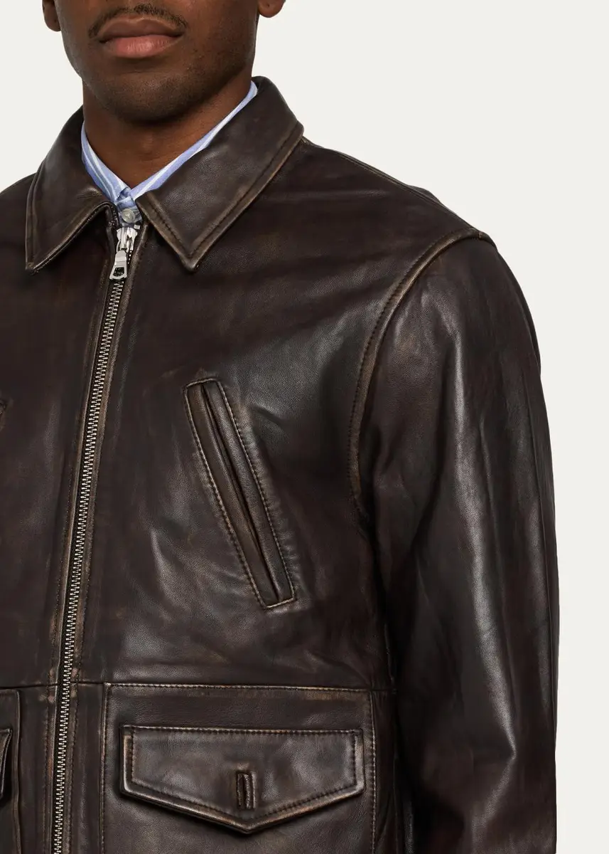 OFFICINE GÉNÉRALE Men's Vintage-Effect Leather Jacket | Thumbnail 5 OFFICINE GÉNÉRALE Men's Vintage-Effect Leather Jacket | Thumbnail 5
