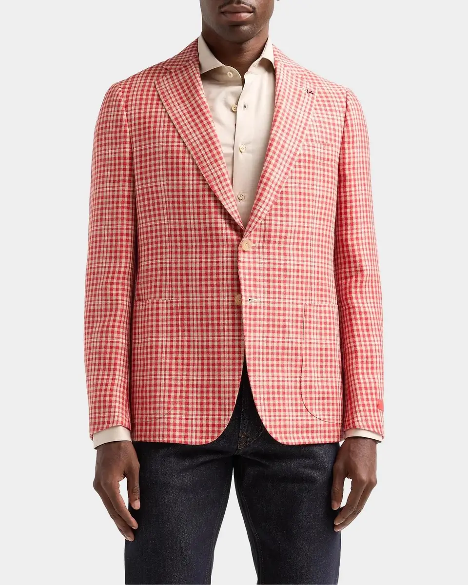 Isaia Men's Gingham Linen-Blend Blazer | Thumbnail 4 Isaia Men's Gingham Linen-Blend Blazer | Thumbnail 4