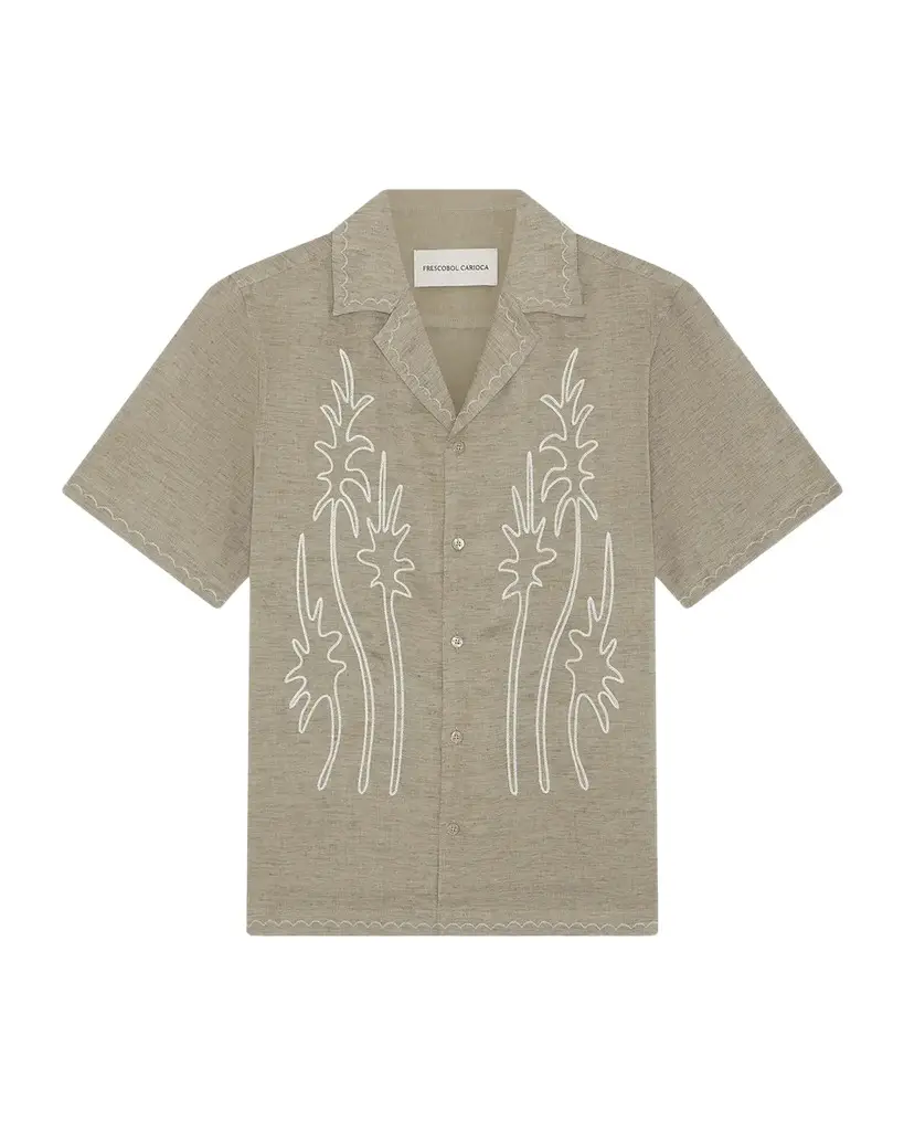 Frescobol Carioca Men's Alves Linen Palm-Embroidered Camp Shirt