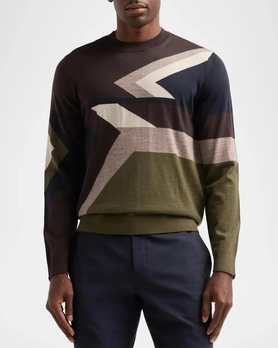 Emporio Armani Men's Geometric Wool Crewneck Sweater | Thumbnail 4 Emporio Armani Men's Geometric Wool Crewneck Sweater | Thumbnail 4
