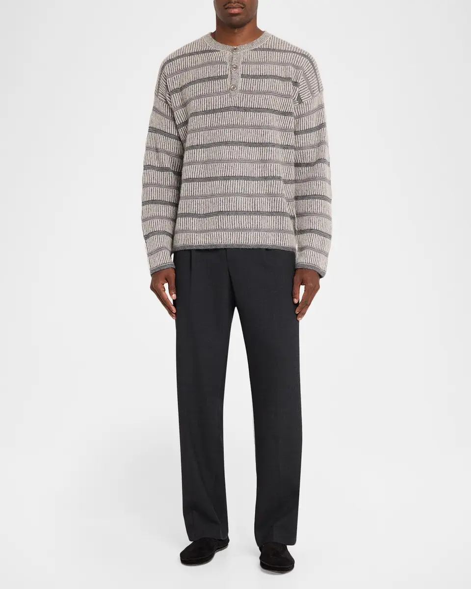 The Elder Statesman Men's Nimbus Striped Textured Cashmere-Cotton Henley | Thumbnail 2 The Elder Statesman Men's Nimbus Striped Textured Cashmere-Cotton Henley | Thumbnail 2
