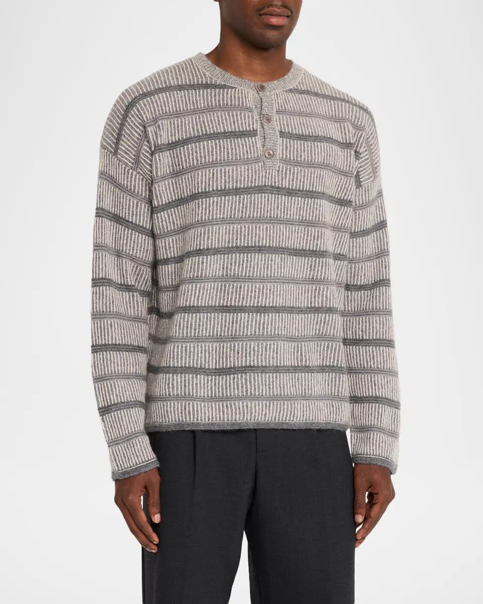 The Elder Statesman Men's Nimbus Striped Textured Cashmere-Cotton Henley | Thumbnail 4 The Elder Statesman Men's Nimbus Striped Textured Cashmere-Cotton Henley | Thumbnail 4