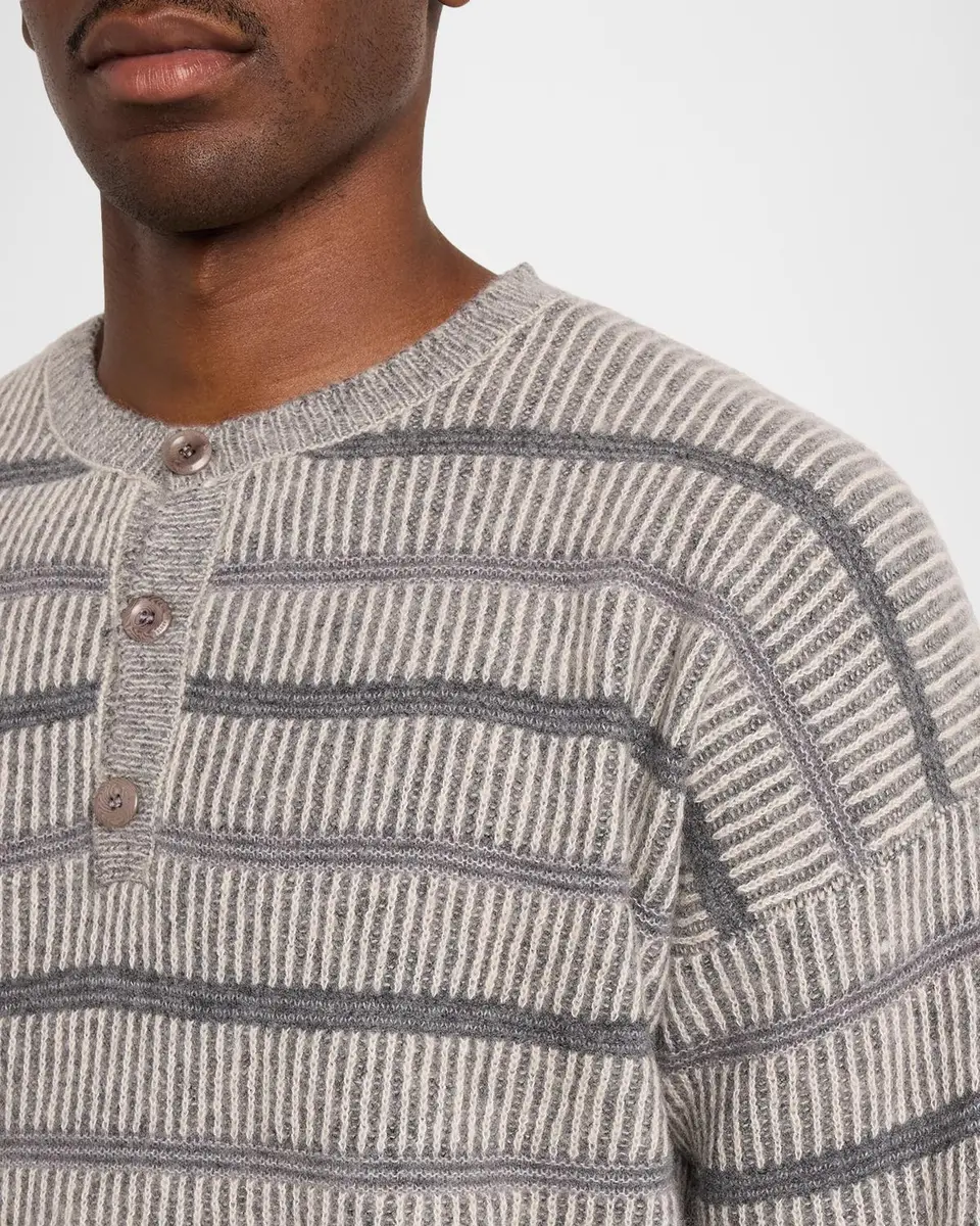 The Elder Statesman Men's Nimbus Striped Textured Cashmere-Cotton Henley | Thumbnail 5 The Elder Statesman Men's Nimbus Striped Textured Cashmere-Cotton Henley | Thumbnail 5