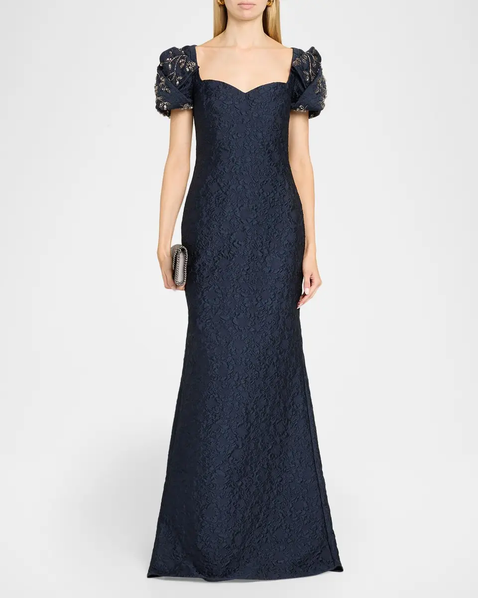 BADGLEY MISCHKA Puff-Sleeve Jacquard Mermaid Gown | Thumbnail 2 BADGLEY MISCHKA Puff-Sleeve Jacquard Mermaid Gown | Thumbnail 2