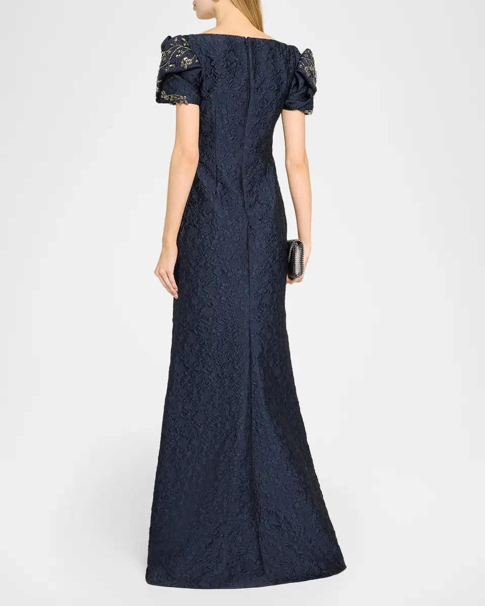 BADGLEY MISCHKA Puff-Sleeve Jacquard Mermaid Gown | Thumbnail 3 BADGLEY MISCHKA Puff-Sleeve Jacquard Mermaid Gown | Thumbnail 3