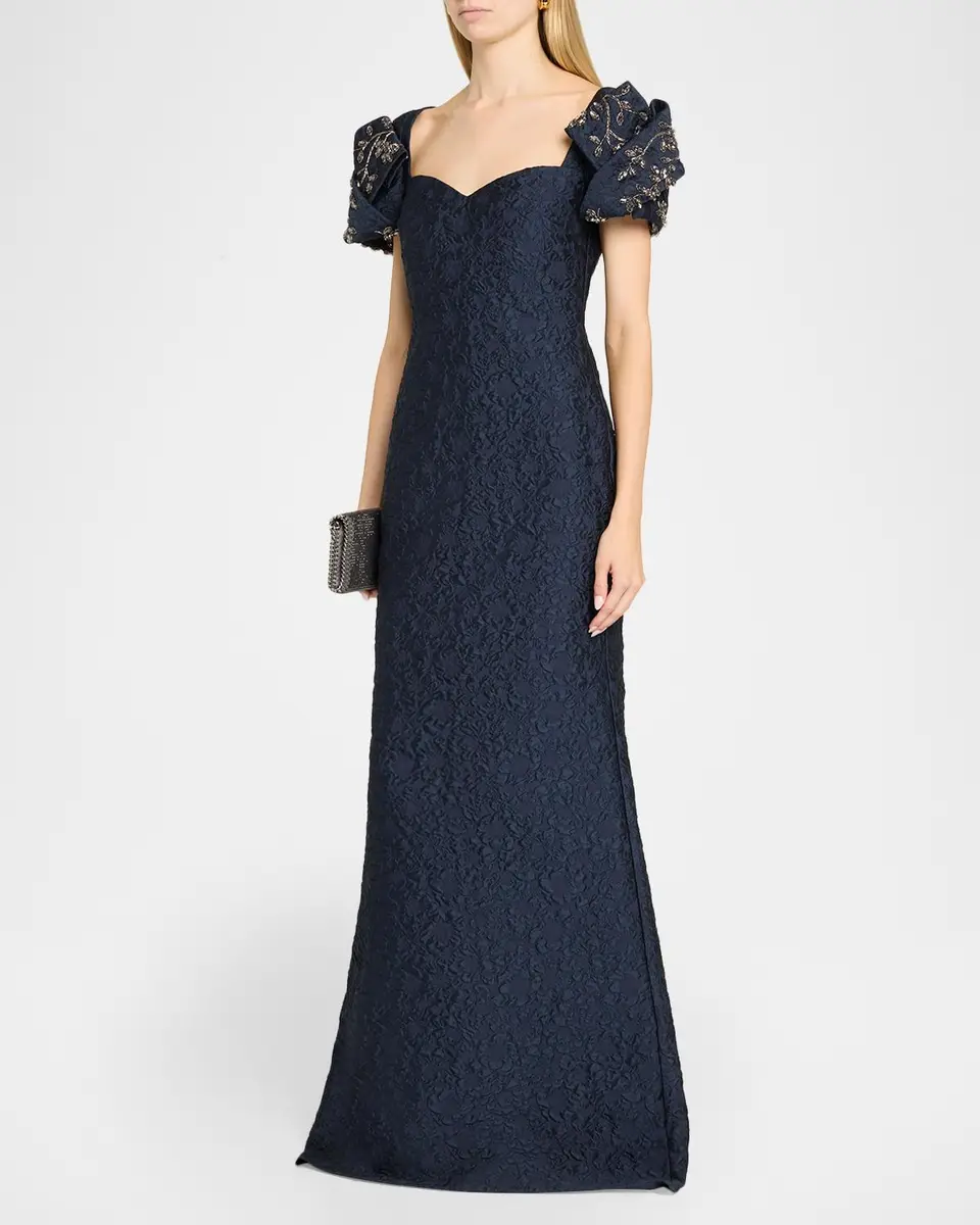 BADGLEY MISCHKA Puff-Sleeve Jacquard Mermaid Gown | Thumbnail 4 BADGLEY MISCHKA Puff-Sleeve Jacquard Mermaid Gown | Thumbnail 4