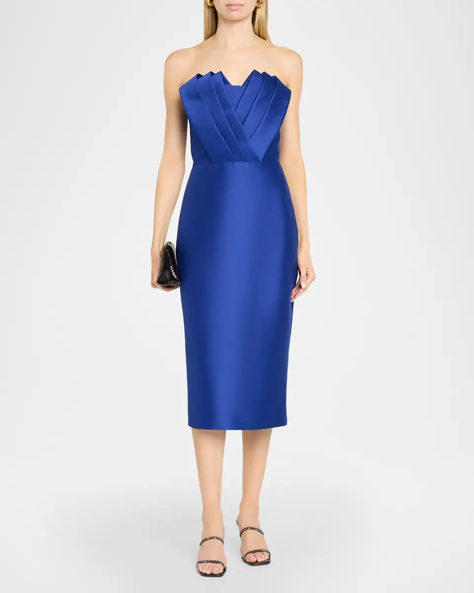BADGLEY MISCHKA Strapless Pleated Fan Mikado Midi Dress | Thumbnail 2 BADGLEY MISCHKA Strapless Pleated Fan Mikado Midi Dress | Thumbnail 2