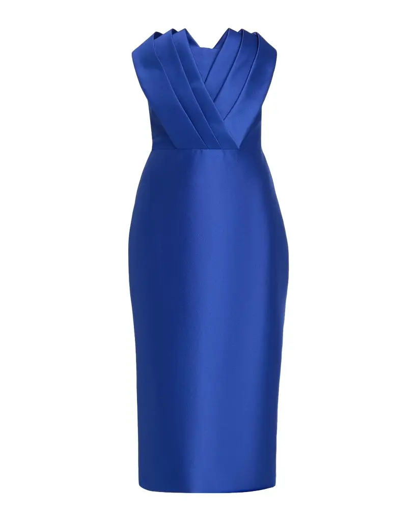 Strapless Pleated Fan Mikado Midi Dress