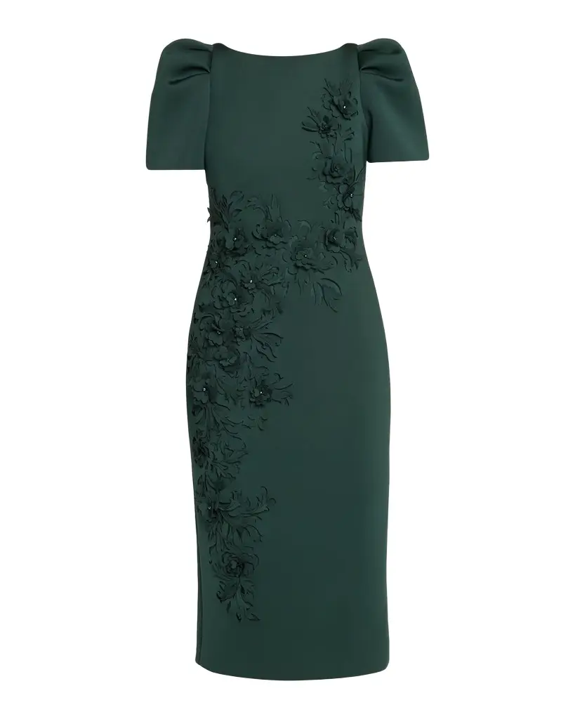BADGLEY MISCHKA Puff-Sleeve Floral Stretch Scuba Midi Dress