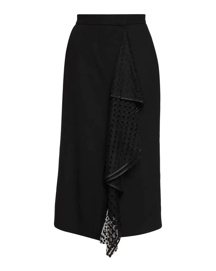 Erdem Swiss Dot Ruffle Wool Grain De Poudre Midi Wrap Skirt