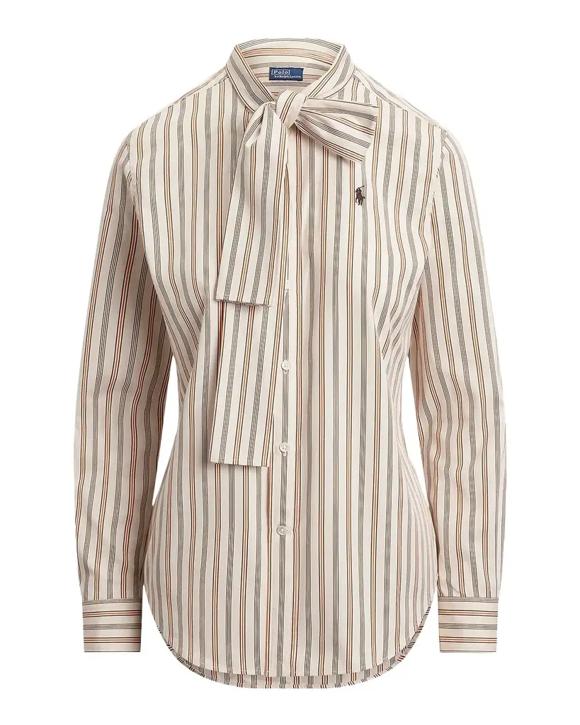 Slim Fit Striped Cotton Tie-Neck Shirt Slim Fit Striped Cotton Tie-Neck Shirt