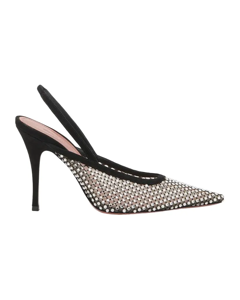 Amina Muaddi Felicia 100MM Crystal-Embellished Net & Suede Slingback Pumps
