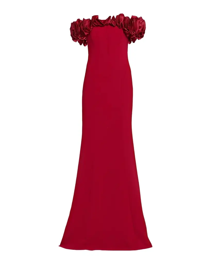Rickie Freeman for Teri Jon Ruffle Off-Shoulder Crepe Gown