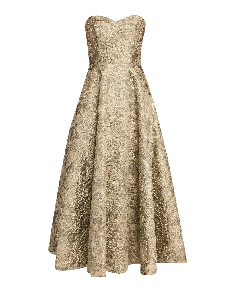 THEIA Dakota Strapless Metallic Jacquard Gown