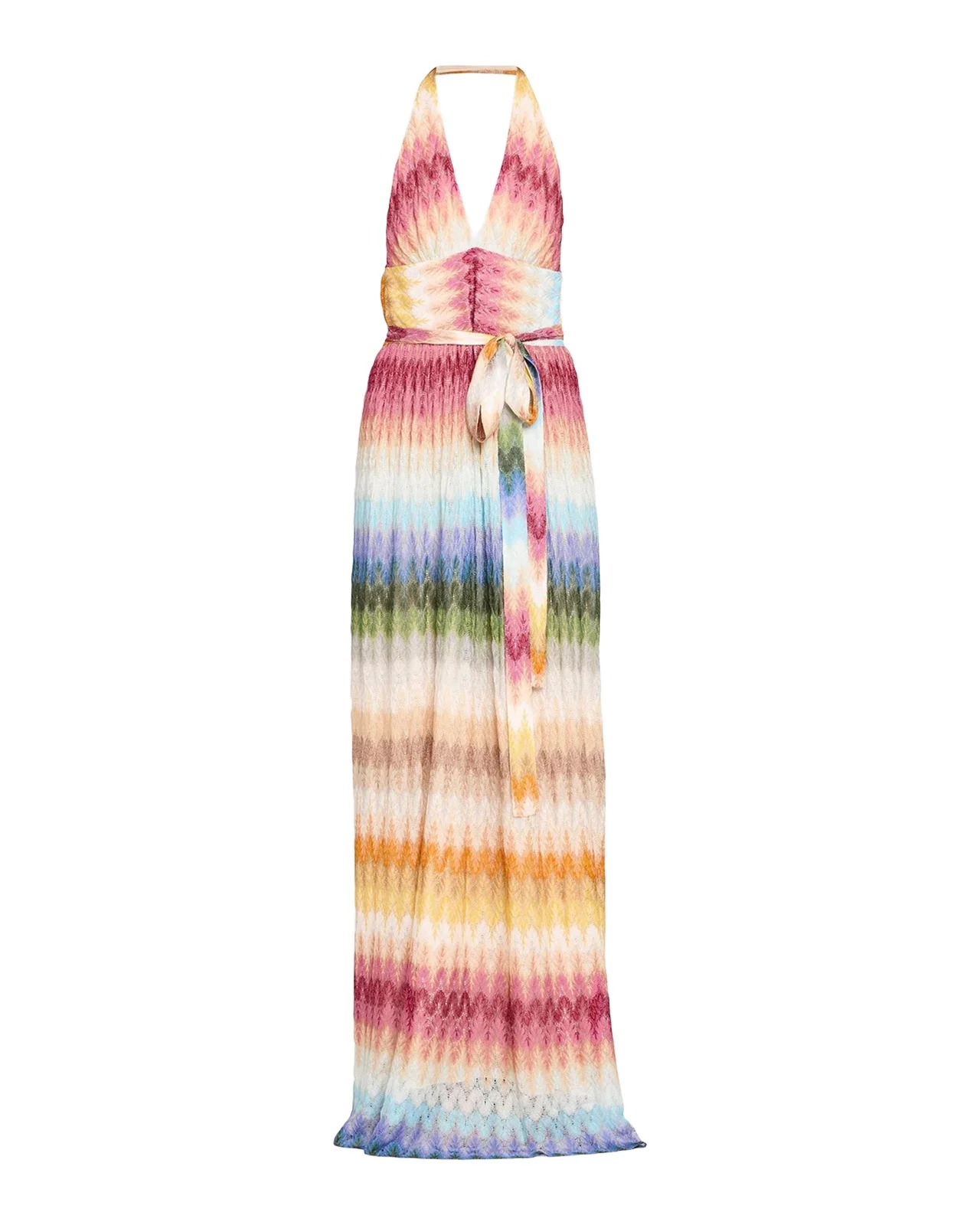 Metallic Zigzag Plunging Halter Maxi Dress