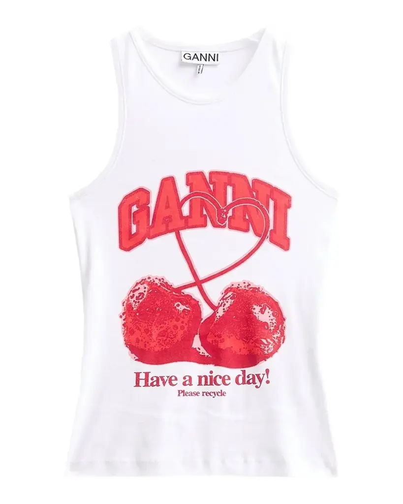 Ganni Compact Rib Jersey Cherry Tank Top