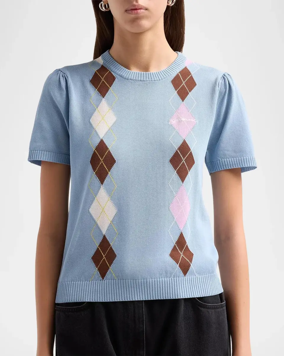 Ganni Argyle Cotton Knit Crewneck T-Shirt | Thumbnail 5