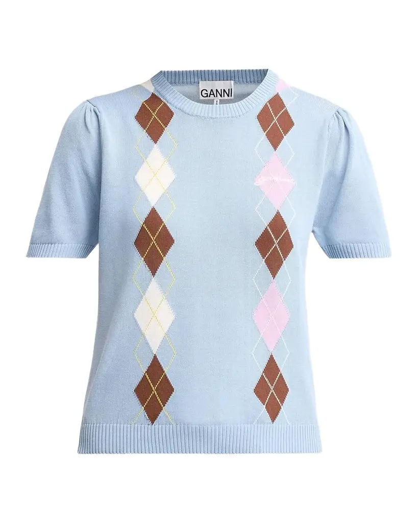 Ganni Argyle Cotton Knit Crewneck T-Shirt