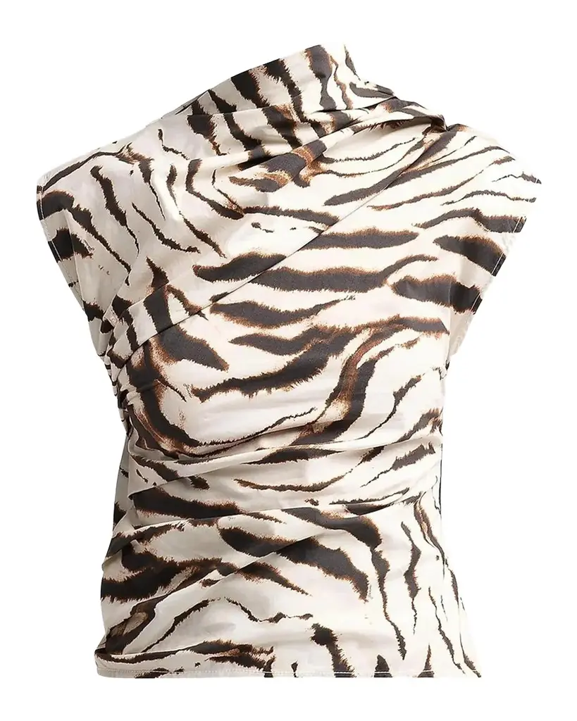 Ganni Tiger Print Stretch Cotton Ruched Top