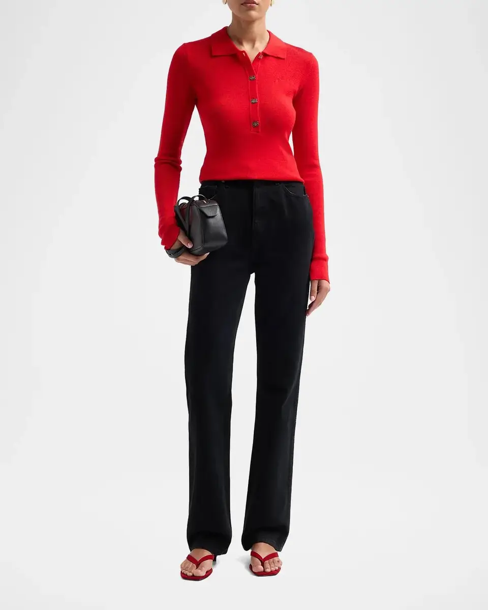 Ganni Mini Merino Rib-Knit Long-Sleeve Polo Top | Thumbnail 2