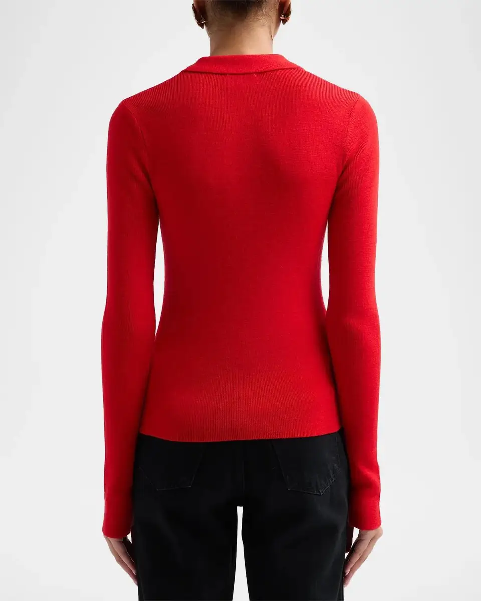Ganni Mini Merino Rib-Knit Long-Sleeve Polo Top | Thumbnail 3