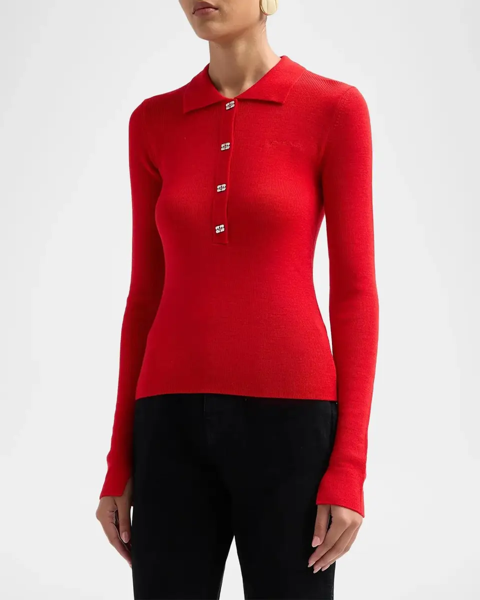 Ganni Mini Merino Rib-Knit Long-Sleeve Polo Top | Thumbnail 4