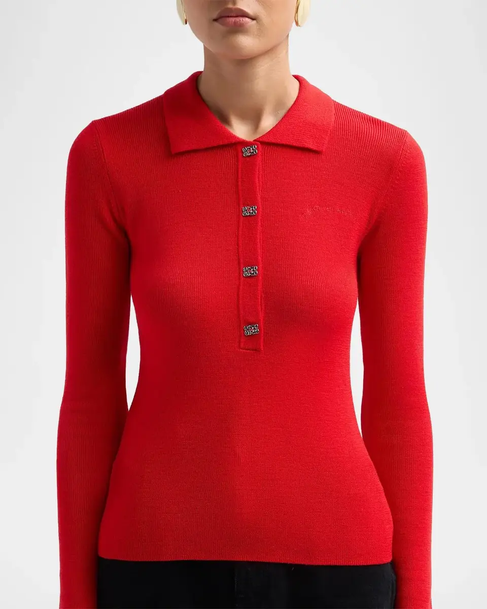 Ganni Mini Merino Rib-Knit Long-Sleeve Polo Top | Thumbnail 5