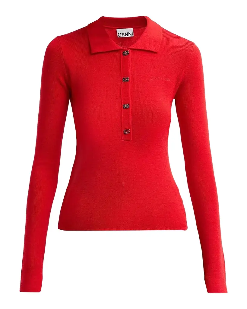 Ganni Mini Merino Rib-Knit Long-Sleeve Polo Top