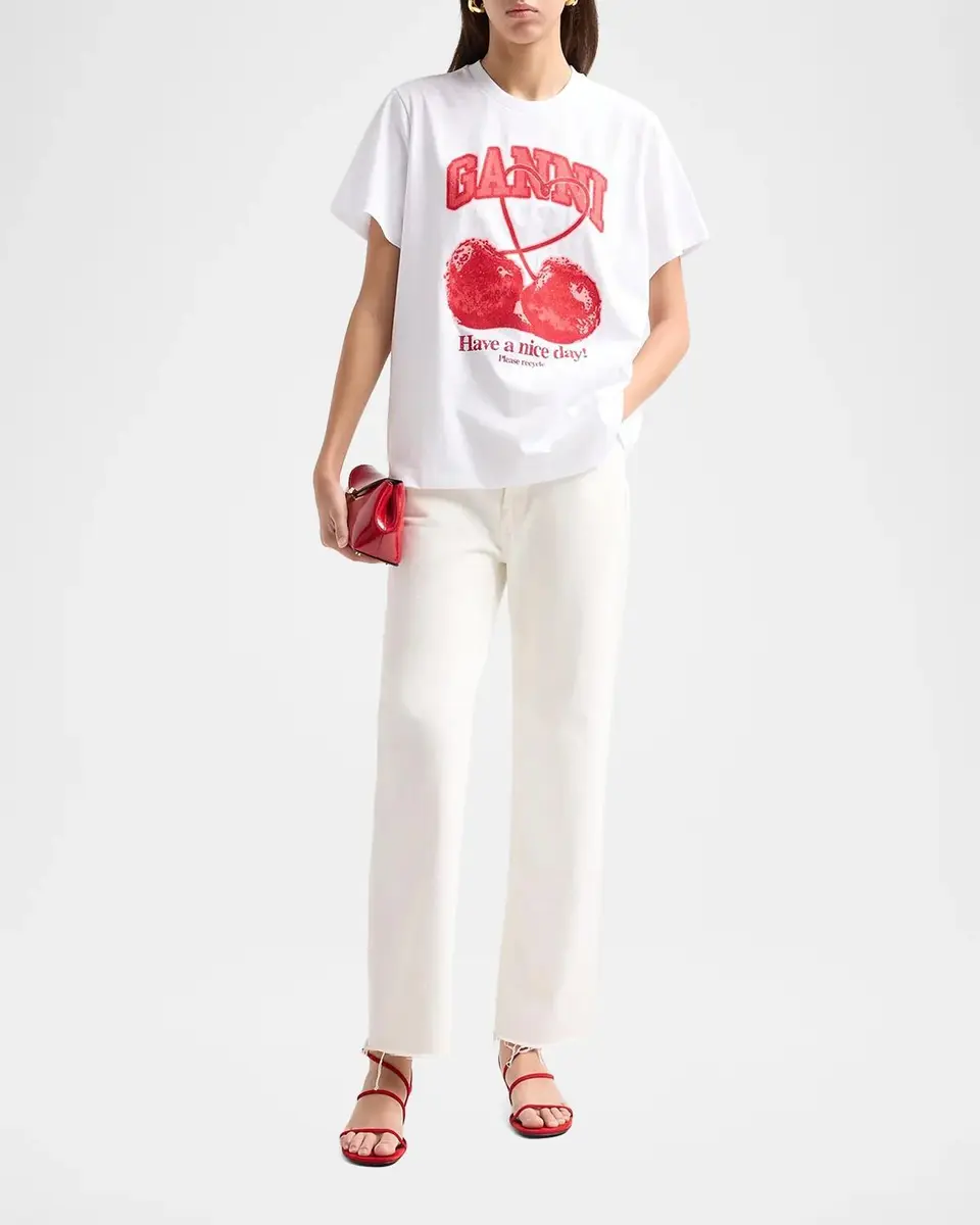 Ganni Cherry Cotton Crewneck T-Shirt | Thumbnail 2