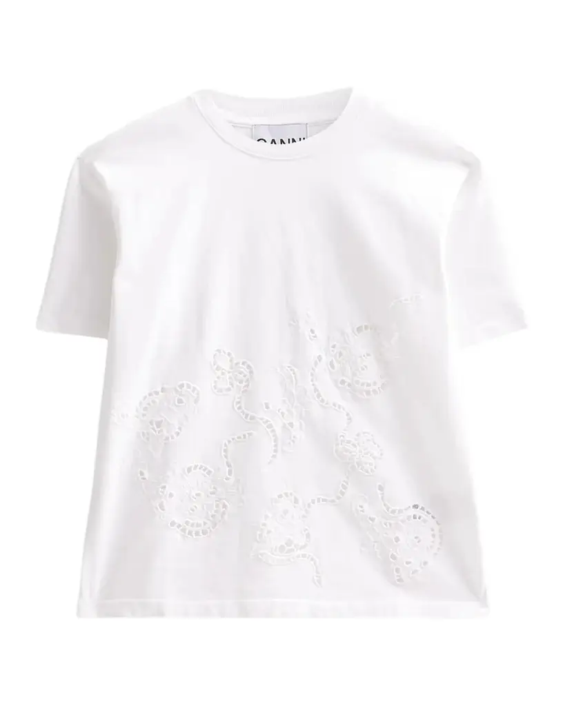 Ganni Embroidered Anglais Cotton Jersey T-Shirt