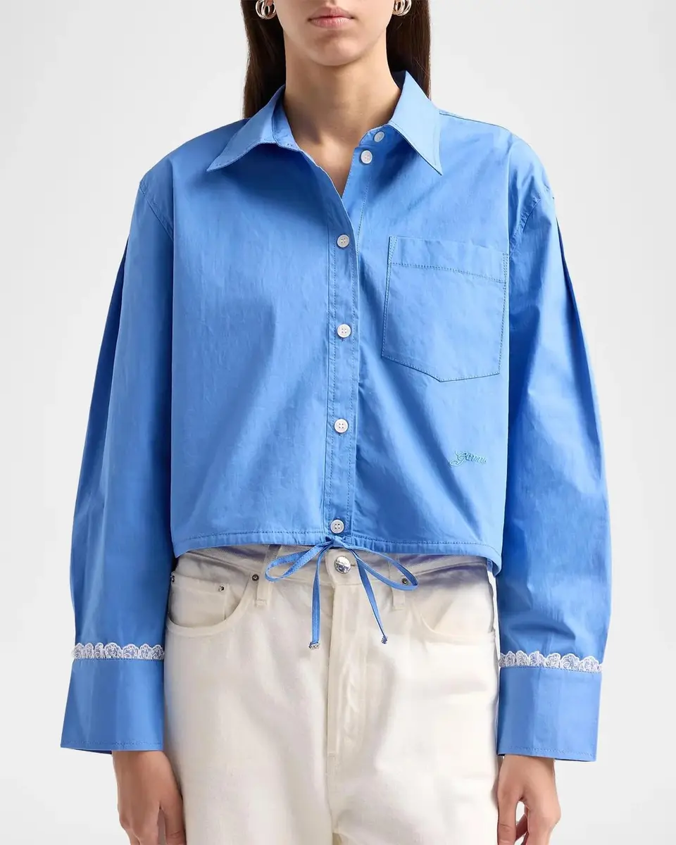 Ganni Stretch Cotton Cropped Bowling Shirt | Thumbnail 4