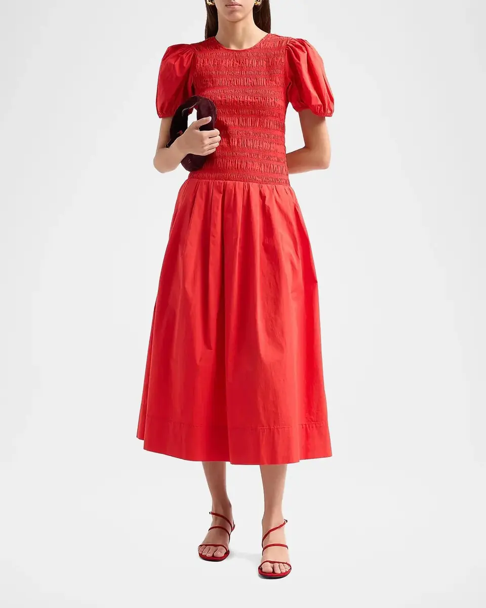 Ganni Stretch-Cotton Smocked Midi Dress | Thumbnail 2 Ganni Stretch-Cotton Smocked Midi Dress | Thumbnail 2