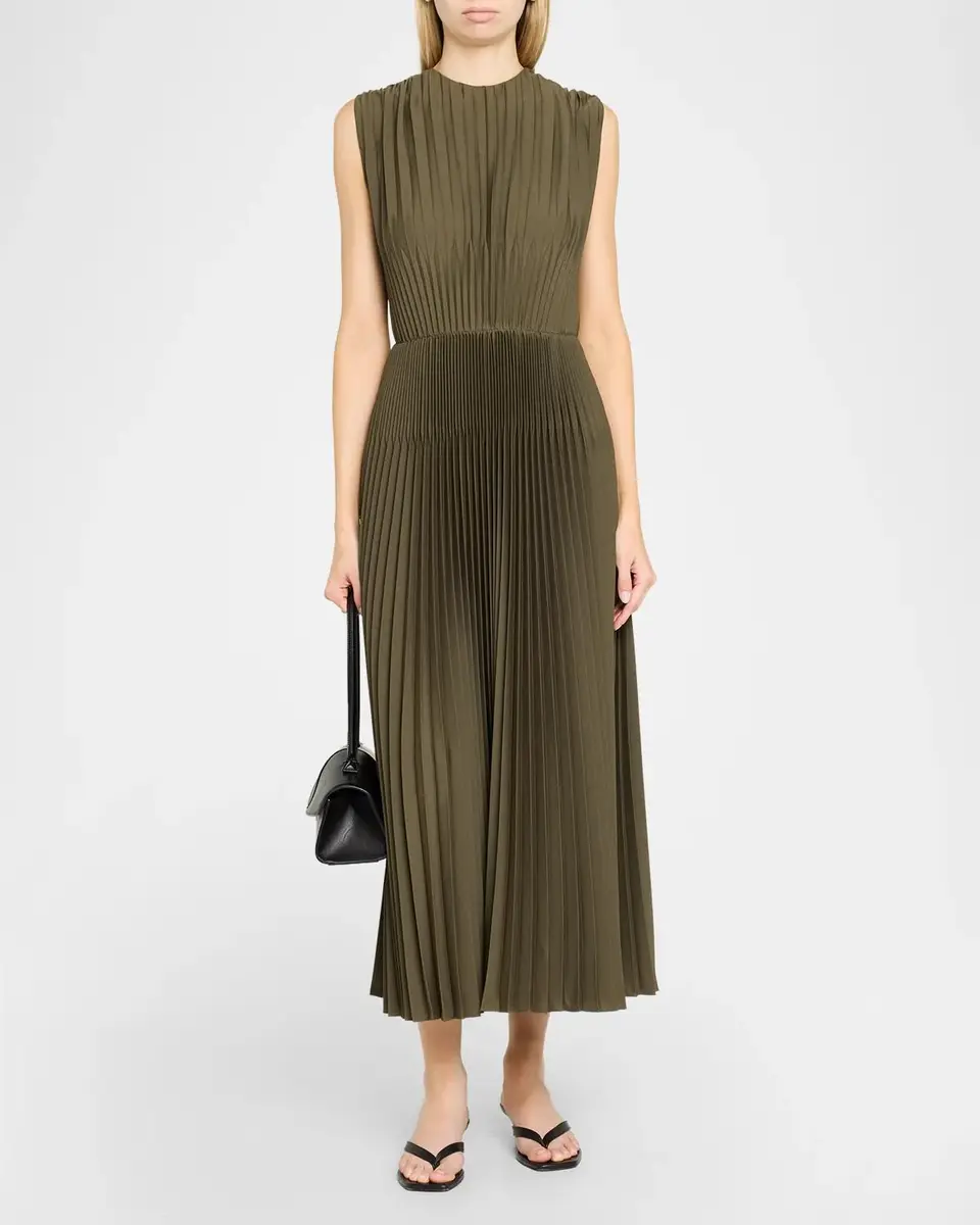Vince Sleeveless Chevron-Pleated Satin Midi Dress | Thumbnail 2 Vince Sleeveless Chevron-Pleated Satin Midi Dress | Thumbnail 2