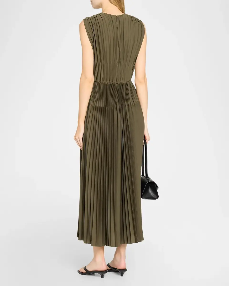 Vince Sleeveless Chevron-Pleated Satin Midi Dress | Thumbnail 3 Vince Sleeveless Chevron-Pleated Satin Midi Dress | Thumbnail 3