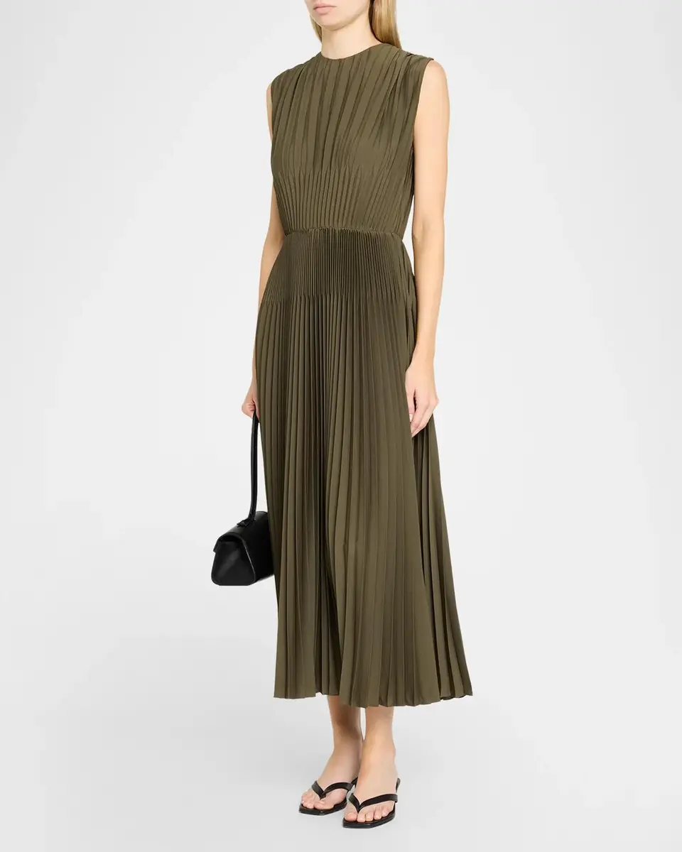 Vince Sleeveless Chevron-Pleated Satin Midi Dress | Thumbnail 4 Vince Sleeveless Chevron-Pleated Satin Midi Dress | Thumbnail 4